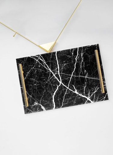 Lowha Decorative Acrylic Serving Tray With Gold Metal Handles And Marble Lines Design 20x30 cm
