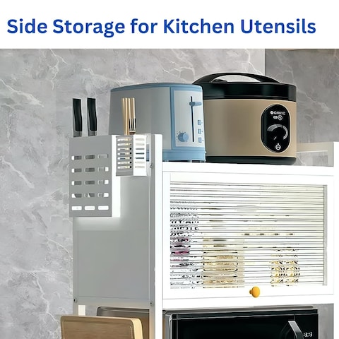 HEXAR&reg; Microwave Oven Rack Heavy Duty Stand Kitchen Counter Top Storage Organizer 3-Tier with Hooks and Utensils Holder Microwave Shelf Double Layer Dustproof Oven Rack &ndash; WHITE