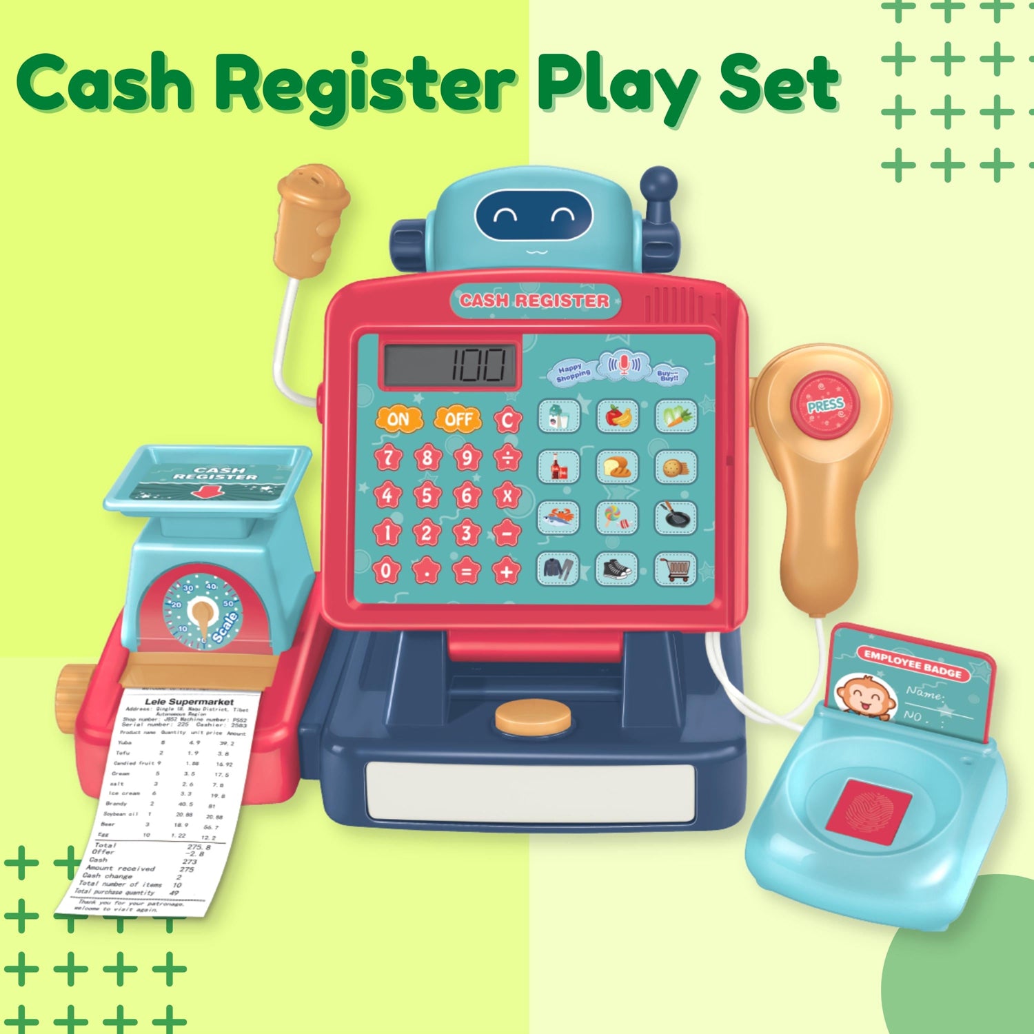 Fitto supermarket cash register for kids, Supermarket Pretend Play with Shopping Basket, Toy Cash Money with Working Calculator, microphone, credit card for Boy Girls aged 3+, Blue and Red