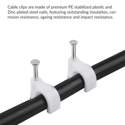 AL ARQAM 8mm Cable Clips - 100 Pcs, White - Secure Cord Clips with Steel Nails for Round Cables, Indoor &amp; Outdoor Use