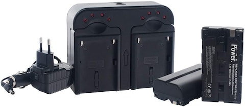 DMK Power NP-F550 Camera Battery and PN 201 Charger Set for Sony Cameras (2-Pack Replacement Battery Kit, Dual Slot Charger with Car Cable Input, 100% Compatible with Original)