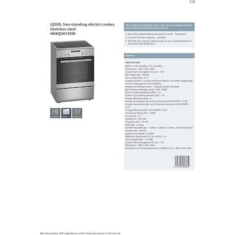 Siemens iQ300 Free-standing Electric Cooker 4 Zones HK8Q3A150M Silver/Black 60cm