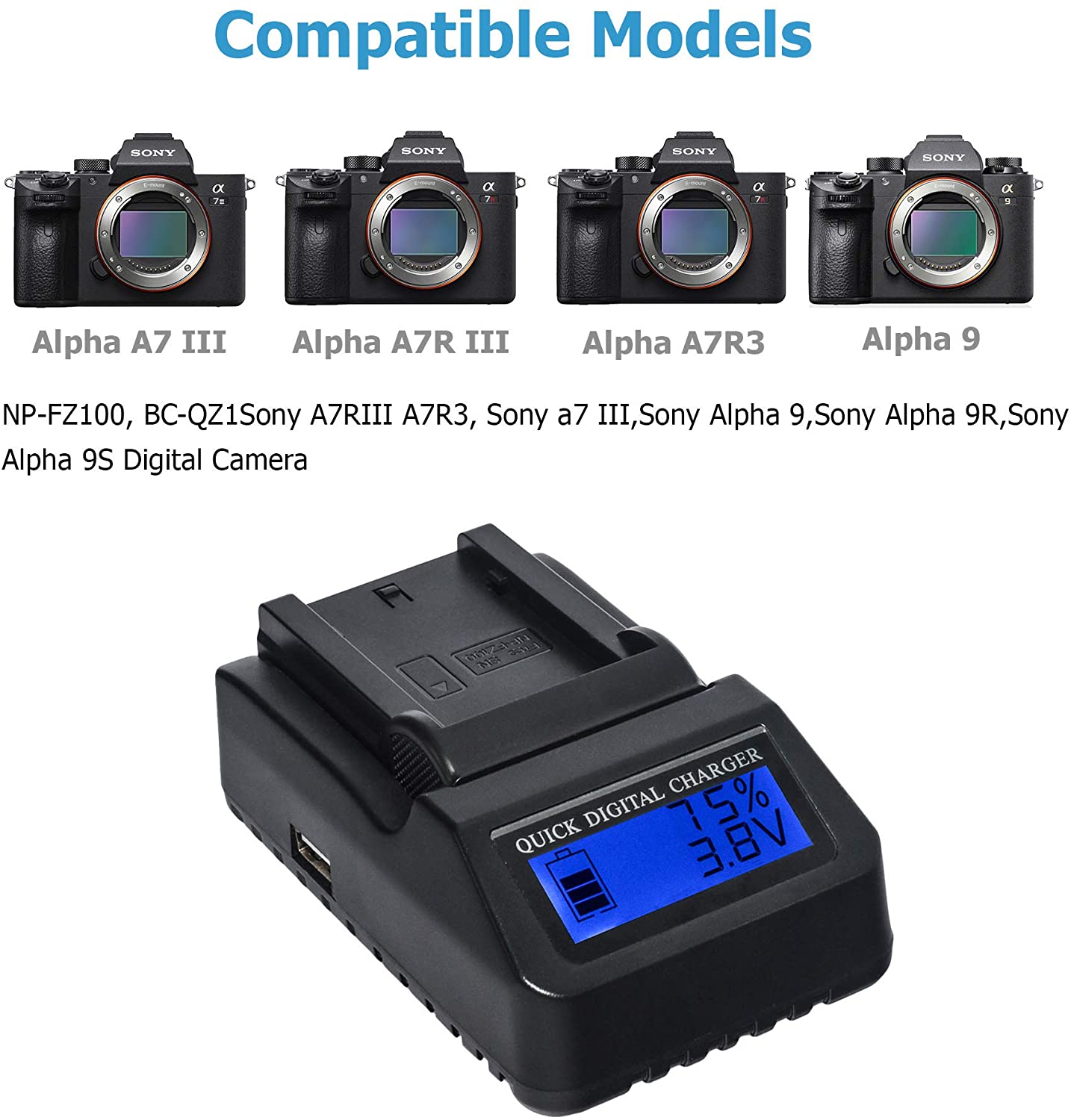 DMK Power NP-FZ100 LCD Quick Rapid TC-1000F Charger for Sony NP-FZ100, BC-QZ1 A7RIII A7R3, a7 III, Alpha 9, Alpha 9R, Alpha 9S Digital Camera