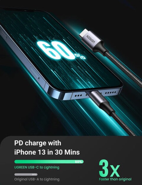 UGREEN USB-C to Lightning MFI Cable Alu Case with Nylon Braided 3A PD Fast Charging 1m BK