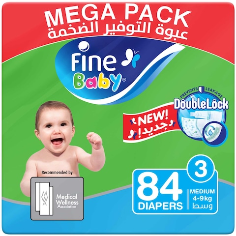 Fine Baby Diapers, DoubleLock Technology, Size 3, Medium 4 ndash 9kg, Mega Pack of 84 diapers