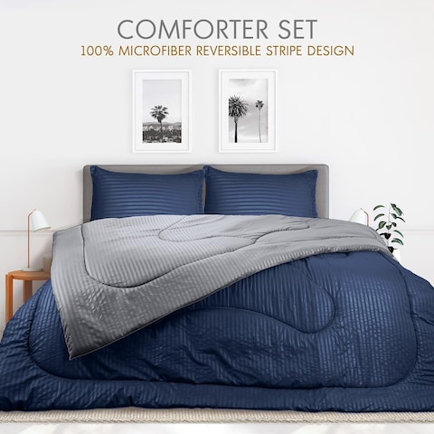 Hotel Linen Klub Reversible Down Alternative Comforter Set, Ultra Soft Brushed Stripe Microfiber Fabric, 200GSM Soft Fibersheet Filling, Size: Double 220 x 240cm, Navy Blue &amp; Dark Grey