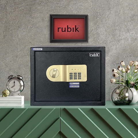 Rubik Large Safe Box A4 Documents Size For Home Office With Key And Pin Code Keypad For Cash Documents Jewelry Passports, RB30AJ, (38X30X30Cm) Black