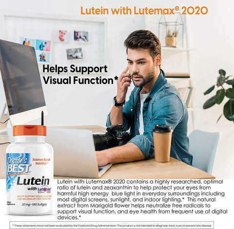 Doctor&#39;s Best Lutein Featuring Lutemax, Non-Gmo, Gluten Free, Eye Health, 20 mg, 180 Softgels