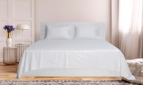 Hotel Linen Klub Single  Bed Sheet 2pcs Set , 100% Cotton 250Tc  Sateen 1cm Stripe  , Size: 160x220cm + 1pc Pillowcase 50x75cm ,White
