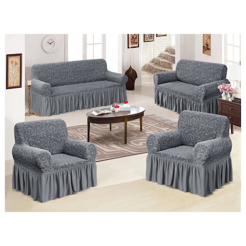 4-Piece Stretchable Sofa Cover Set Grey Jacquard Fabric Seven Seater 3211 Combination Couch Cover Set