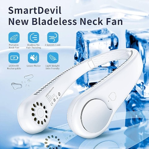 Portable Neck Fan For Travel &amp; Personal Cooling, Hands-Free Bladeless Design, USB Rechargeable, Long Lifespan, Adjustable Speeds White