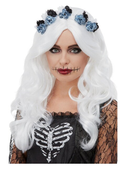 Smiffy's Day of The Dead Wig with Flowers- White