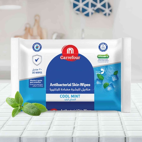 Carrefour Cool Mint Antibacterial Wipes White 20 Wipes