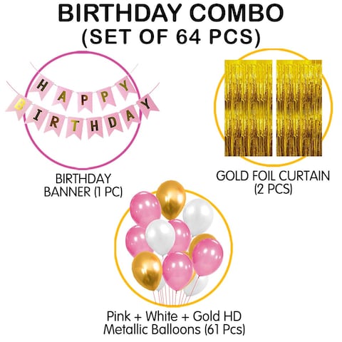 Party Time 64-Pieces 12inch Metallic Pink, Gold &amp; White Latex Balloons, Gold Foil Curtain, Pink Happy Birthday Banner For Birthday Party Decoration - Birthday balloons Party Supplies