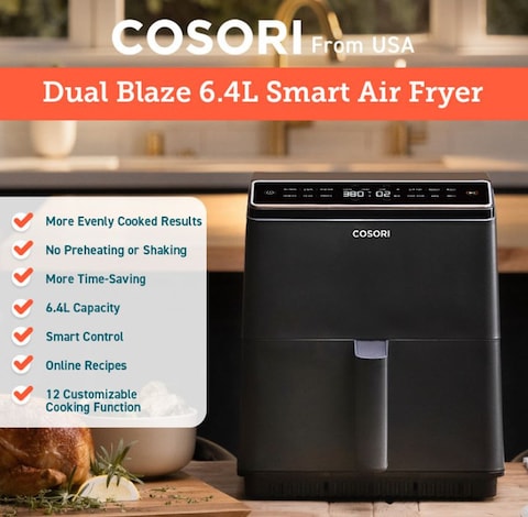 Cosori Caf-P583S Dual Blaze 6.4L Large Smart Air Fryer 12-In-1 One-Touch Presets For Crispy And Even Cooking Results - 2 Years Warranty