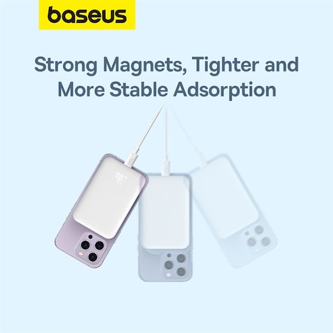 Baseus 6000 mAh MagSafe Power Bank 6000mAh 15W Wireless Portable Charger PD 20W With USB-C Port Fast Charging MagSafe Battery Pack For iPhone 15 Pro Max/iPhone 15/15 Plus/14/13/12 Series White