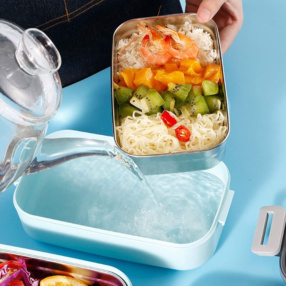 Bento Lunch Box 1400ml, Leak-proof, On the Go Meal with Spoon and Chopsticks, White