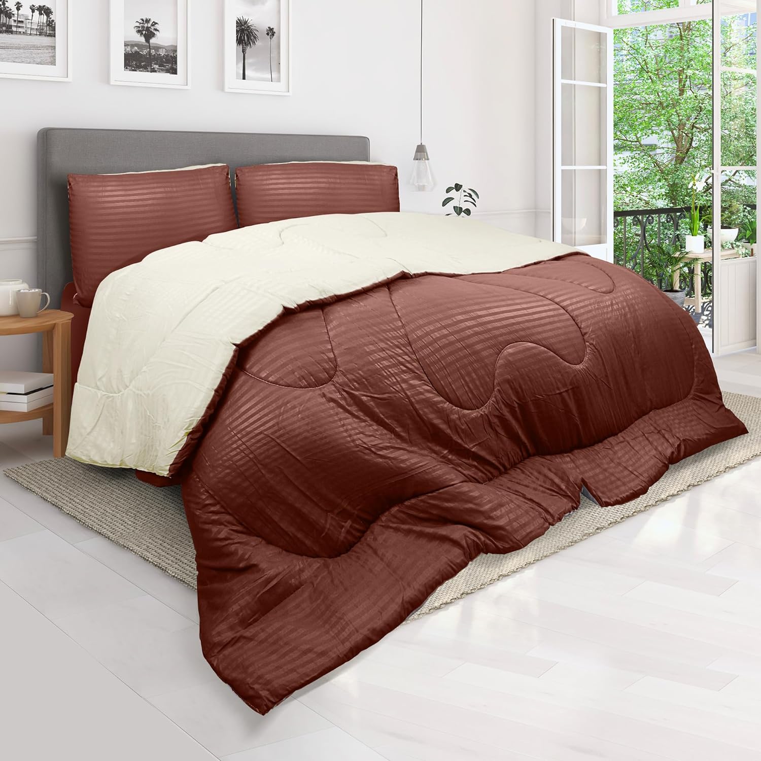 Hotel Linen Klub Reversible Down Alternative Comforter Set, Ultra Soft Brushed Stripe Microfiber Fabric, 200GSM Soft Fibersheet Filling, Size: Double 220 x 240cm, Chocolate &amp; Cream