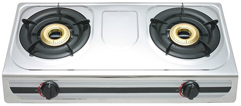 Olsenmark OMK2349 Stainless Steel Double Burner Gas Stove - Cast Iron Burner - Enamel Pan Support