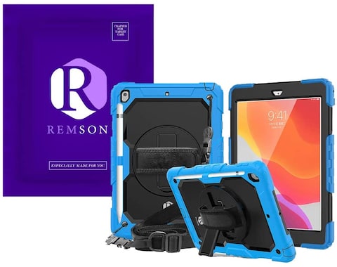 Remson Apple iPad 10.2 (2019) Rugged Shockproof Drop Protection With 360 Rotating Kickstand/Shoulder Strap Cover (Sky Blue)