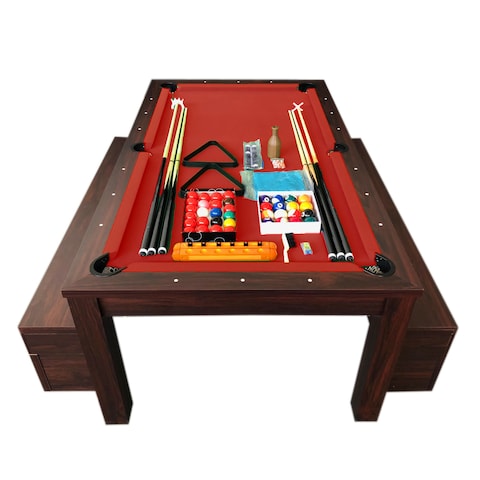 Simbashoppingmea - 7 Ft Pool Table And Dining Table With Container Benches Full Accessories &ndash; Rich Red