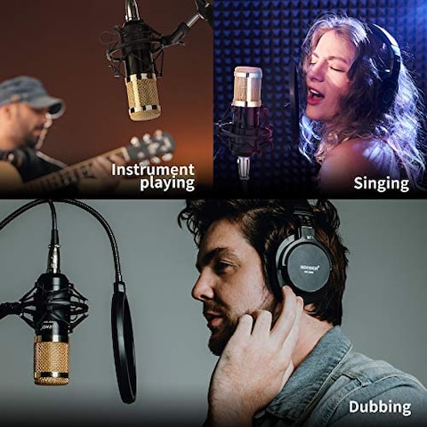 Neewer NW-800 Pro Cardioid Studio Condenser Microphone Set with Shock Mount, Ball-type Anti-wind Foam Cap, 3.5mm to XLR Audio Cable for Recording Broadcasting YouTube Live Periscope (Black(gold))
