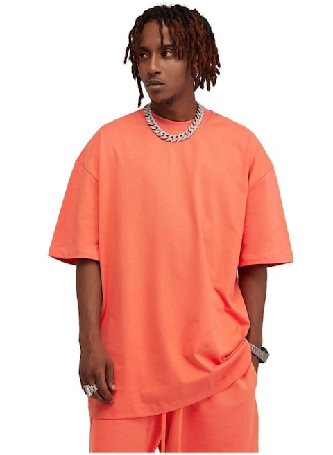 Mei Stylish Men&#39;s Casual Breathable Loose Shoulder Oversize Crew Neck T-shirt, L Size, Orange