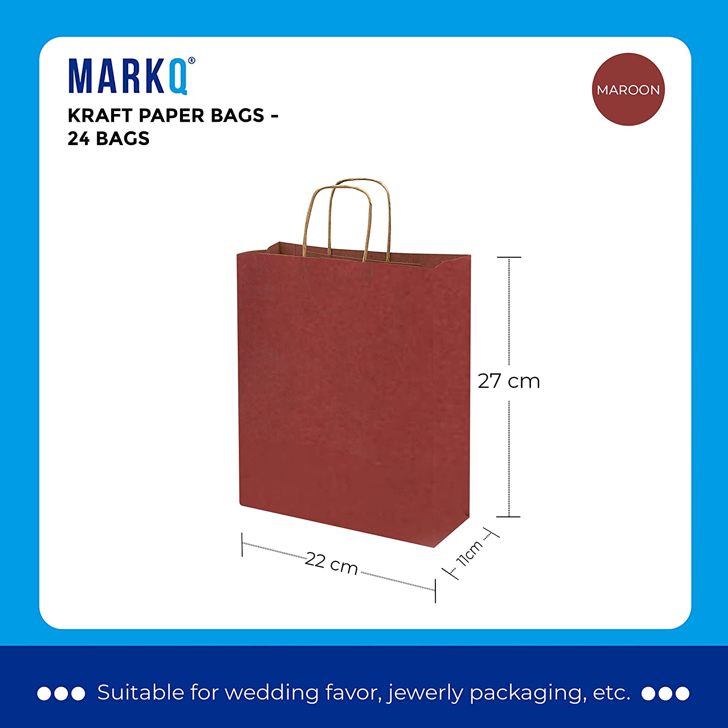 Markq Maroon Paper bags with handles 27 x 22 x 11 cm Large Kraft Gift bags for Birthday Party Favors, Weddings, Retail, Baby Shower (12 Bags)