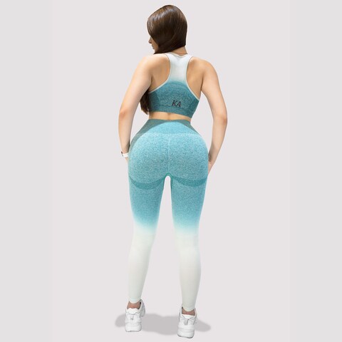 Kidwala 2 Pieces Armour Set - High Waisted Seamless Leggings with Sports half Sleeves Top Workout Gym Yoga Ombre color Outfit for Women (Small, white &amp; Teal)