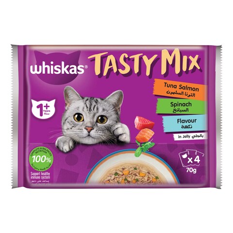 Whiskas Tasty Mix Tuna Salmon Spinach Flavour in Jelly Cat Food 1 Years and above 70g Pack of 4