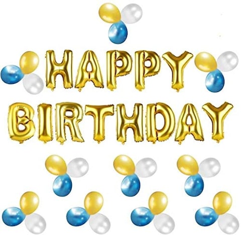 Buena Ventura&#39;s Themez Only &quot;Happy Birthday&quot; Letter Foil Balloon Set (Gold) for Birthday Party Decoration with Metallic Gold , Blue &amp; White Balloons - Pack of 43 pcs