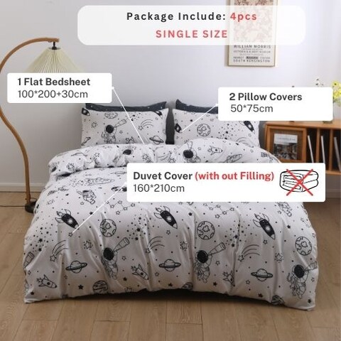 Luna Home Single size 4 pieces, without filler, white with black space print.