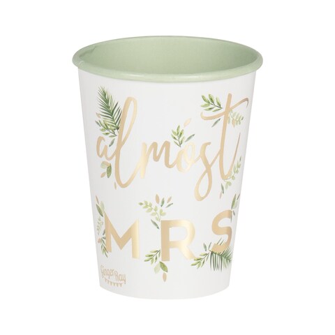Ginger Ray Almost Mrs Gold Foiled Hen Party Paper Cups 8-Pieces- 9.5 cm Height- White