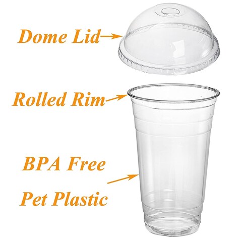 Lavish 12 Oz Disposable Crystal Clear PET Plastic Cups With Dome Lids [100 Sets] For Picnic, Travel, And Events