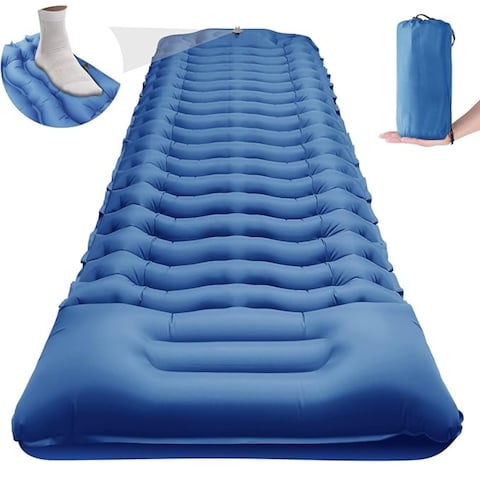 HEXAR&reg; Self Inflating Sleeping Pad with Foot Pump 190X64 Built-in Pump Foldable Sleeping Mat with Pillow for Camping Hiking Durable Inflatable Air Mattress - Carry Bag, Repair Patches (Navy Blue)