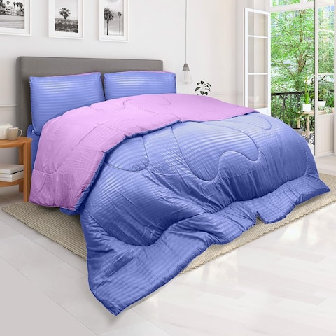 Hotel Linen Klub Reversible Down Alternative Comforter Set, Ultra Soft Brushed Stripe Microfiber Fabric, 200GSM Soft Fibersheet Filling, Size: King 240 x 260cm, Purple &amp; Lilac