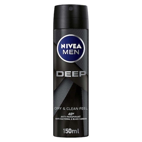 Buy Nivea Men Antiperspirant Spray for Men - Deep Black Carbon Antibacterial - Dark Wood Scent - 150ml in Egypt