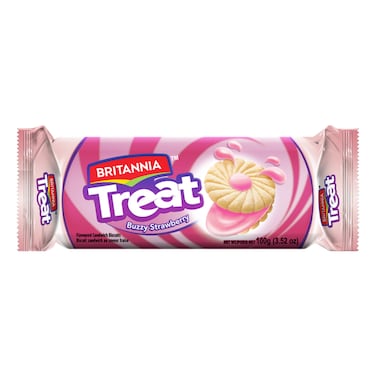 Britannia Treat Buzzy Strawberry Fruit Cream Flavoured Sandwich Biscuits 100g
