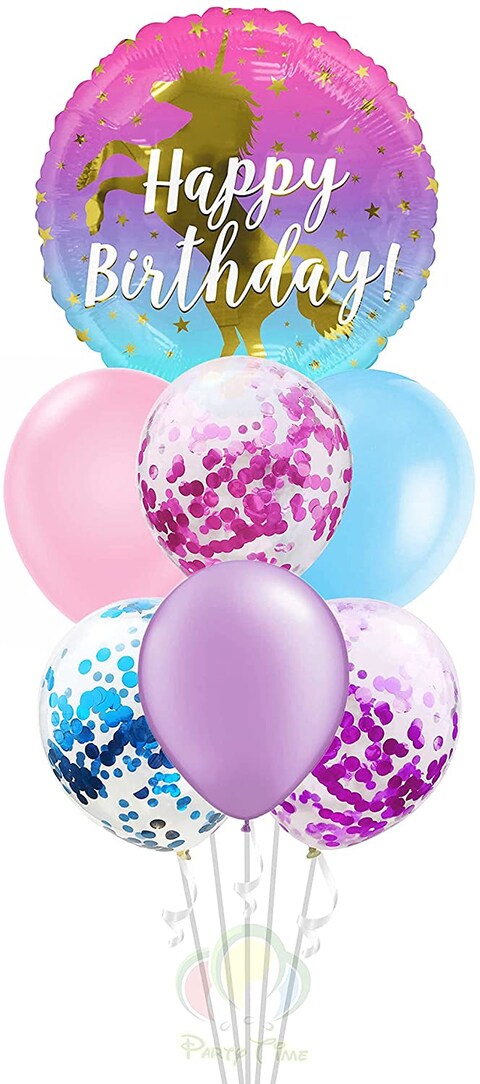 Party Time 8-Pieces Colorful Unicorn Balloons Set, Round Unicorn Foil Balloon, Mix Latex Balloons and Confetti Blloons, Unicorn Balloon Bouquet For Unicorn Theme Party Decoration - Birthday Party Deco