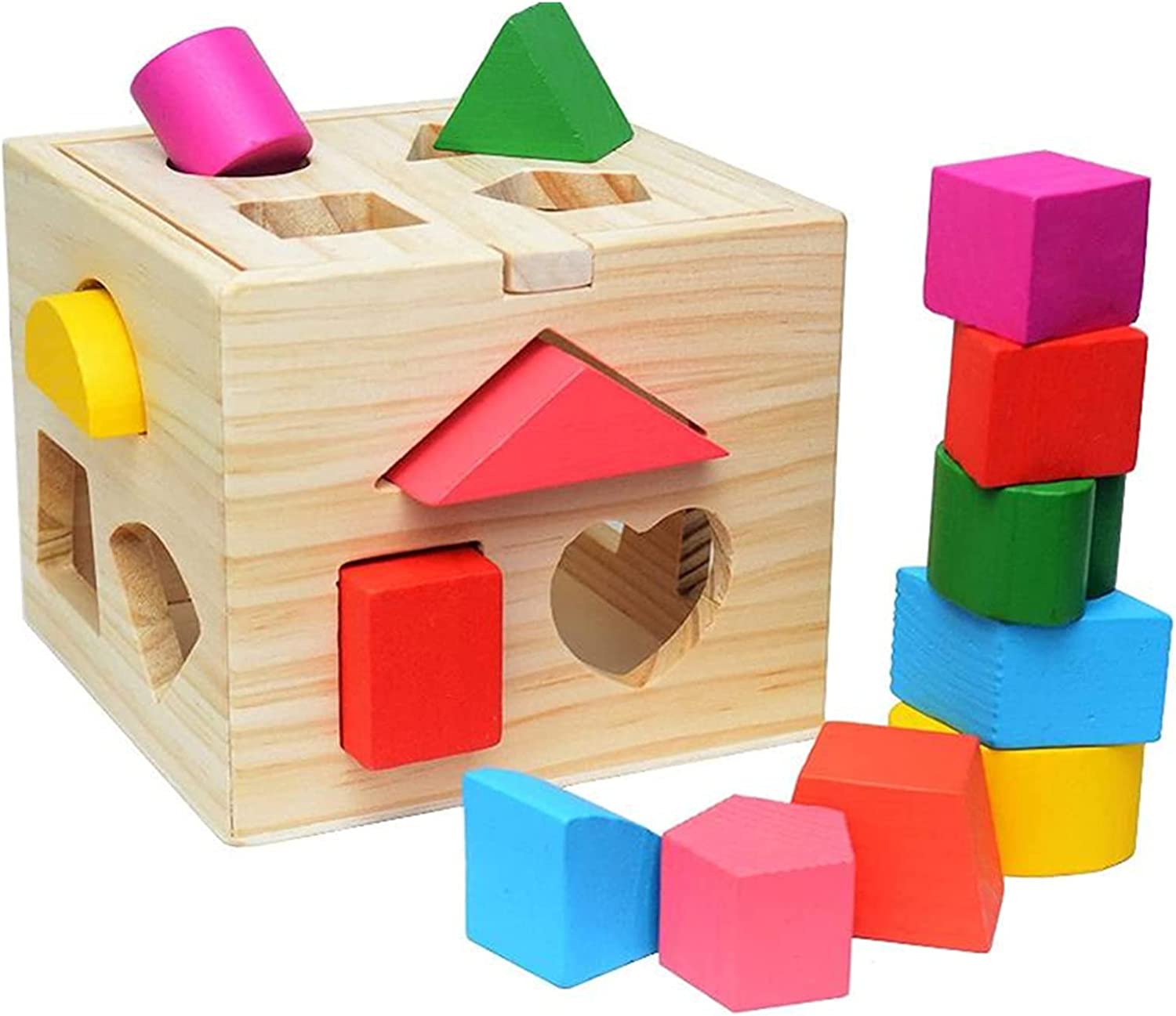 Wooden Shape Sorting Cube Toys with 13 Colorful Wood Geometric Shape Blocks and Sorter Box,Learning Matching Game for Toddlers,Preschool Educational Learning Toy for Kids