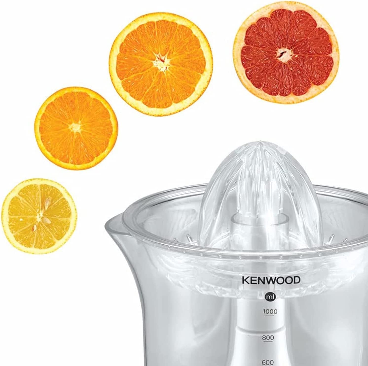 Kenwood Citrus Juicer 40W Juice Extractor With 1L Transparent Juice Jug, Dust Cover, 2 Way Rotation, Cord Storage For Home, Office, Restaurant &amp; Cafeteria JE280A, White/Clear