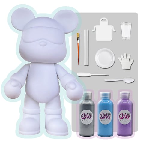COOL BEAR COIN PIGGY BANK FIGURE (9 inch - 23 cm) ACRYLIC DRIP POUR PAINT COMPLETE KIT, Colors: Silver, Light-Blue, Light-Purple. Acrylic Rich Pigments Fluid Flow Paint, Arts and Crafts.
