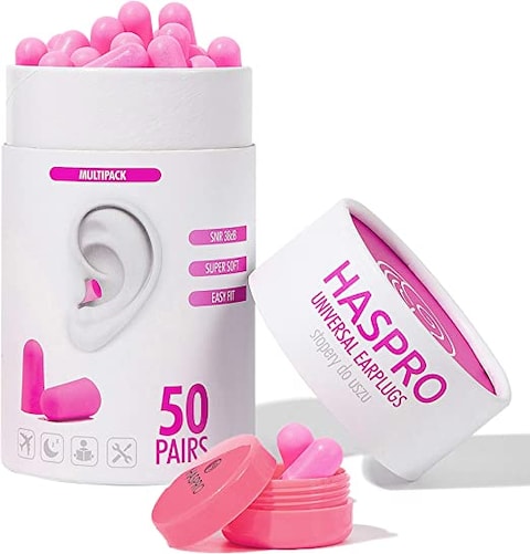 HASPRO [50 PAIRS] Eco-Friendly Bulk Pack, Ultra Soft Foam Earplugs in GIGA Tube with Carry Case, Best Earplugs for Noise Canceling, Snoring, Work, DIY, Noise Reduction SNR 38dB (Pink)