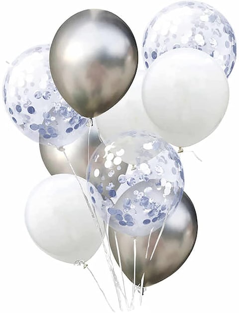 Party Time 9-Pieces 12inches Silver Chrome and White Latex Balloons, Confetti Balloons Set with 1p Ribbon Roll For Bridal Shower, Anniversary Balloon, Wedding D&eacute;cor and Birthday Party Decoration - Par