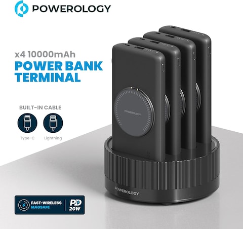 Powerology Upgraded 4 In 1 Wireless 10000mAh MagFit Powerbank Terminal, 4 Set Of Power Banks With Built In Type C &amp; Lighting Cable + 16 USB Ports, Charge Your Entire Family In One Go (Black)