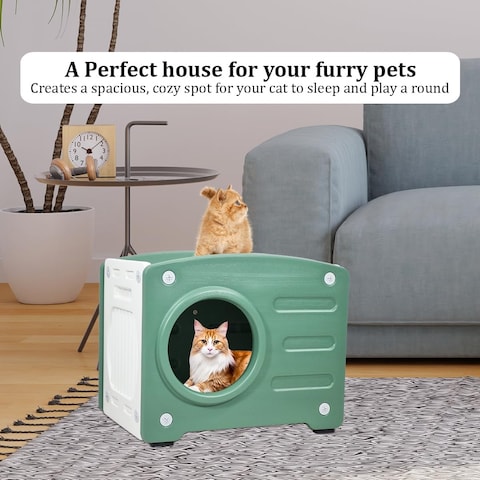 Cat house bed for medium and large cats with scratching board and Non-slip bottom, Waterproof plastic cat shelter for indoor and outdoor use, Easy to assemble 56 cm (Green)