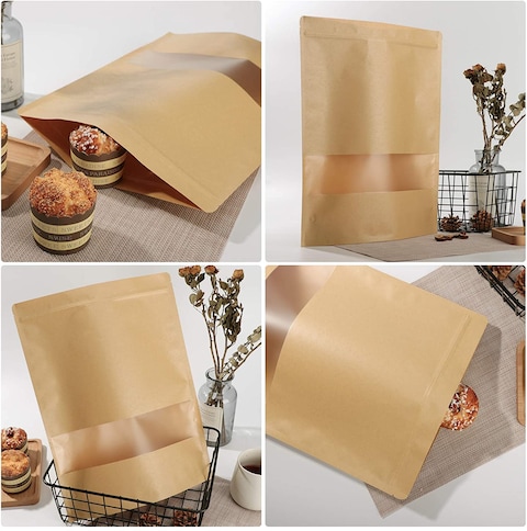 Generic Kraft Stand Up Pouch Bags, 45Pcs 12*20Cm Kraft Paper Zipper Pouch, Storage Brown Paper Bags With Zip Lock And Transparent Window