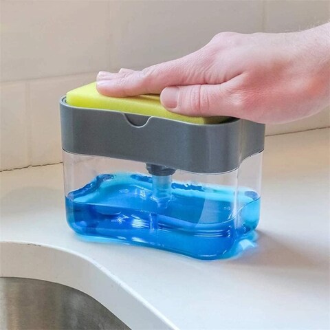 Doreen 2-in-1 Sponge Rack Shelf Soap Detergent Dispenser Pump Large Capacity with Sponge 1 Hand Operation (A, 5.1X3.35X3.5 Inches)