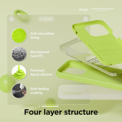 elago Liquid Silicone for iPhone 15 PRO case cover Full Body Protection, Shockproof, Slim, Anti-Scratch Soft Microfiber Lining - Lime Green