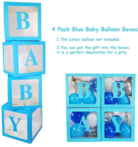 Baby Shower Boxes Party Decorations &ndash; 4Pcs Transparent Balloons Decor Baby Box Baby Blocks Decorations for Boy Girl Baby Shower 1st Birthday Party Gender Reveal Backdrop (Blue)